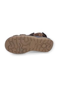 Brown sandal with a textured, flexible sole; features adjustable straps and a cushioned footbed for comfort and stability.
