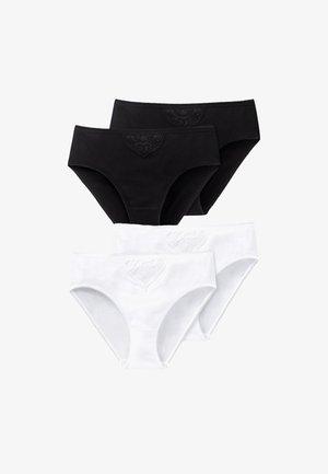 Zestaw czterech bawełnianych majtek: dwie czarne z ozdobnymi paskami w talii oraz dwie białe z podobnymi detalami. Gładka tekstura, klasyczny krój majtek.