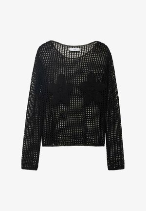 Črna kvačkana pulover s prostim krojem, dolgimi rokavi in dvema velikima teksturiranima cvetnimi aplikacijami spredaj. Celoten dizajn je z odprtim šivom.