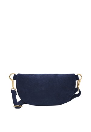 Sac bandoulière demi-lune en daim bleu marine avec sangle réglable et fermoirs en métal doré.
