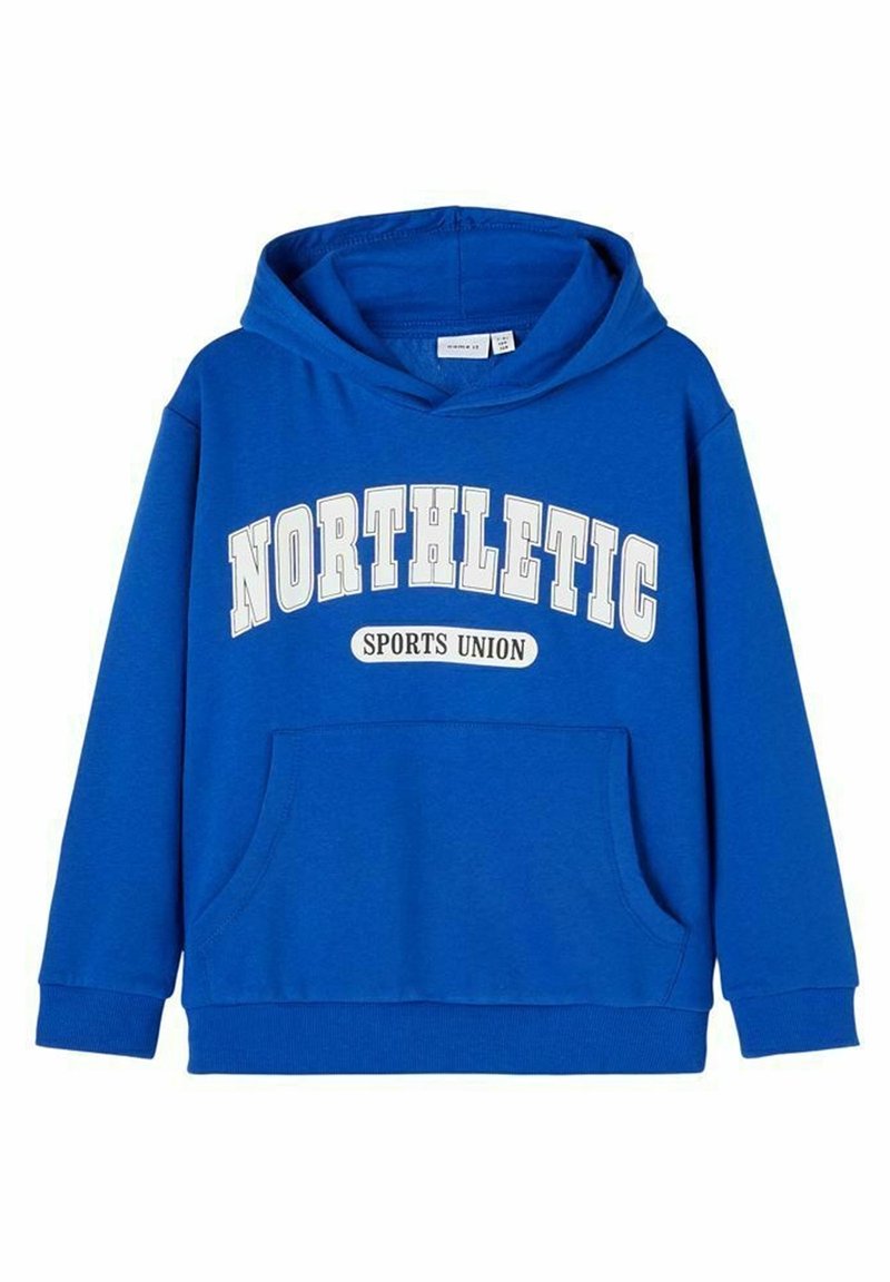 Sweat à capuche bleu avec poche avant et inscription blanche "NORTHLETIC" et "SPORTS UNION" sur la poitrine.