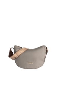 Borsa a tracolla in nylon grigio dalla forma curva, con una tracolla beige decorata e un logo in rilievo discreto sulla parte anteriore.