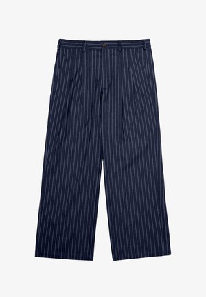 Navy blue wide-leg trousers with white vertical pinstripes, a button closure, belt loops, and front pleats.