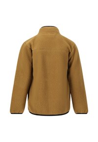 Brun fleecejacka med en strukturerad utsida, ställbar krage, långa ärmar och svart kant längs fållen. Bakvyn visar sömnadsdetaljer.
