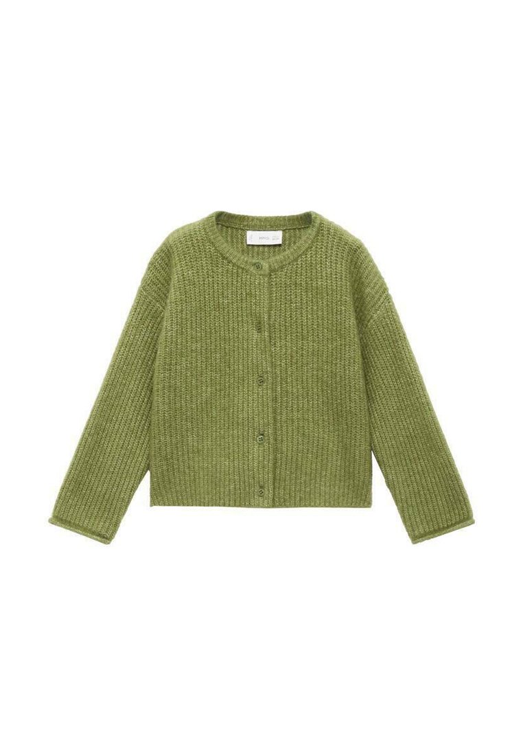Grön stickad cardigan med rundad halsringning, långa ärmar och framknäppning med en texturerad tygmönster.