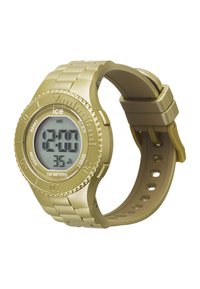 Orologio digitale con cinturino in silicone dorato, cassa tondeggiante e display digitale che mostra ora e data. Resistente all'acqua fino a 100 metri.