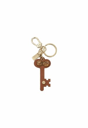 Portachiavi con un design a chiave marrone e una chiusura dorata. La chiave presenta una testa circolare con un dettaglio della mappa e un piccolo logo.