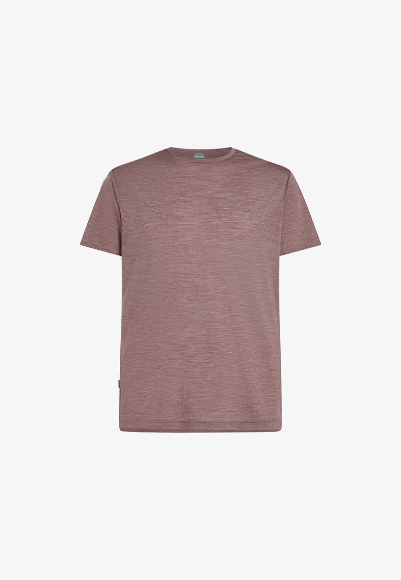 T-shirt z krótkim rękawem w stonowanym kolorze mauve, wykonany z teksturowanej, lekkiej tkaniny, z okrągłym dekoltem i prostym krojem.