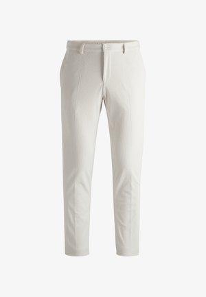 White pinstriped trousers with a tailored fit, featuring a button closure, belt loops, and smooth texture.