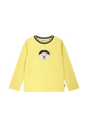 Gelbes Langarmshirt aus weichem Baumwollstoff mit einem Bärenkopf-Design, schwarzem Hut und einem schwarz-weißen gestreiften Halsausschnitt.