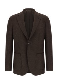Brązowy żakiet o teksturowanej powierzchni z pojedynczym zapięciem na guzik, dwiema przednimi kieszeniami oraz klapą w kształcie notcha. Wnętrze wykończone ciemnym materiałem.