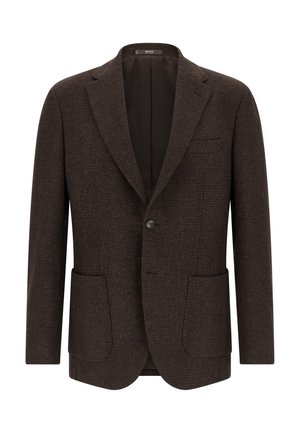 Blazer marrone con texture, dotato di chiusura a un bottone, due tasche frontali e colletto a rib alta. Interno foderato in tessuto scuro.
