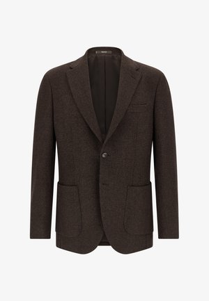 Blazer marrone con texture, dotato di chiusura a un bottone, due tasche frontali e colletto a rib alta. Interno foderato in tessuto scuro.