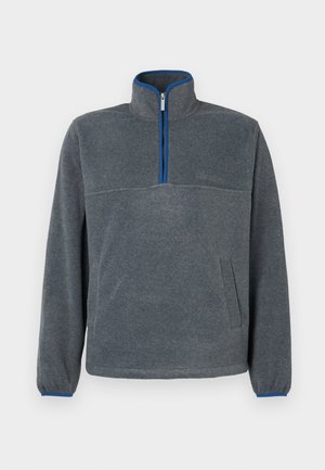 Gray fleece pullover with a half-zip collar, blue accents at the zipper and cuffs, and a front pocket. Soft texture, relaxed fit.