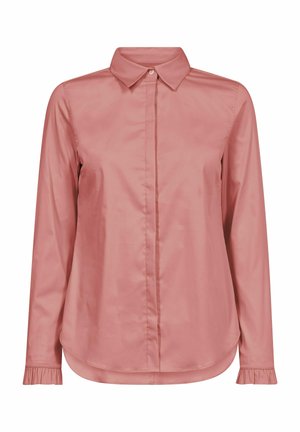 Blusa de manga larga color rosa polvoriento con cuello puntiagudo, botones delanteros ocultos y puños con volantes.
