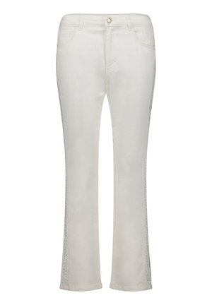 Weiße, gerade geschnittene Hose mit seitlichen Spitzenverzierungen, Knopfverschluss, Fronttaschen und Gürtelschlaufen.