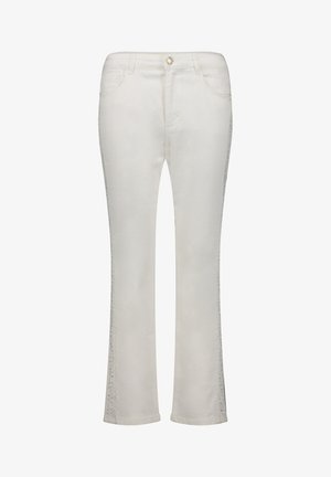 Pantalon blanc droit avec détails en dentelle sur le côté, fermeture à boutons, poches avant et passants pour ceinture.