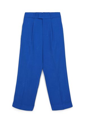 Pantaloni blu tagliati, realizzati in tessuto leggero, con frontale plissettato, vita con passanti per cintura e gambe dritte con orli arrotolati.