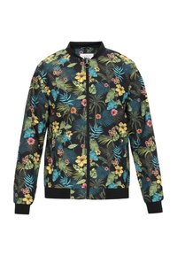 Jachetă bomber florală cu un fundal negru și modele tropicale vibrante în verde, roz și galben. Manșete și tiv cu nervuri.