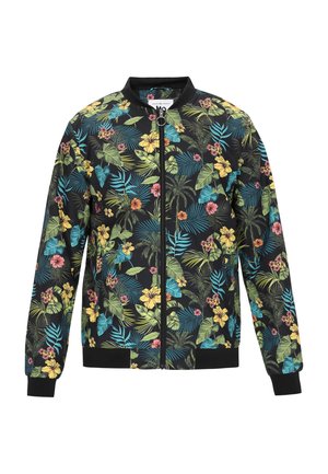 Blumen Bomberjacke mit schwarzem Hintergrund und lebhaften tropischen Mustern in Grün, Pink und Gelb. Gerippte Bündchen und Saum.