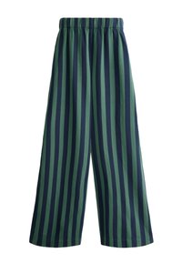 Pantalon à jambes larges avec des rayures verticales bleu marine et vert olive et une ceinture élastique.