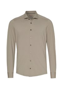 Beige overhemd met lange mouwen, een standaard kraag, bruine knopen en een gladde textuur. Het heeft een subtiele glans en een getailleerde pasvorm.