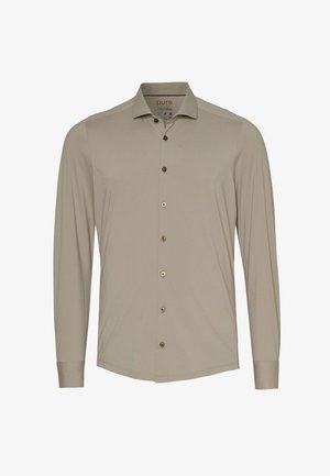 Beige overhemd met lange mouwen, een standaard kraag, bruine knopen en een gladde textuur. Het heeft een subtiele glans en een getailleerde pasvorm.