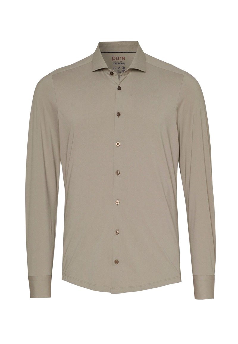 Beige overhemd met lange mouwen, een standaard kraag, bruine knopen en een gladde textuur. Het heeft een subtiele glans en een getailleerde pasvorm.