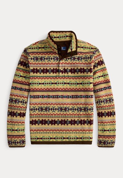 Multicolored pullover sweater with a yellow base featuring vertical stripes, floral patterns in purple, green, and blue; brown collar and trim.