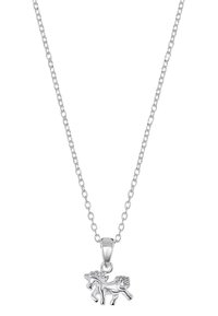 Collier en argent avec un pendentif en forme de cheval, détaillé avec une crinière et une queue texturées, suspendu sur une chaîne maillée avec une finition polie.