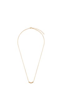 Złocony naszyjnik z delikatnym łańcuszkiem, z centralnym, wydłużonym detalem w kształcie koralików. Regulowana długość z zapięciem i łańcuszkiem przedłużającym.
