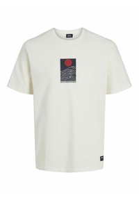 White cotton t-shirt featuring a graphic print of red sun and black waves. Crew neckline and standard short sleeves. Tag on bottom left.