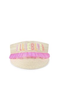 Chapeau de paille à large bord, avec un ruffle en tulle rose et brodé "BILLIEBLUSH" en couleurs pastel sur le devant.