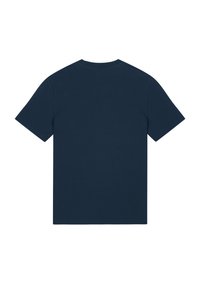 T-shirt en coton bleu marine avec un col rond et des manches courtes ; texture lisse ; sans motifs ni embellissements visibles.
