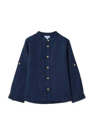 Donkerblauw shirt met lange mouwen en houten knopen aan de voorkant en op de mouwen, met een opstaande kraag en knoopmanchetten.