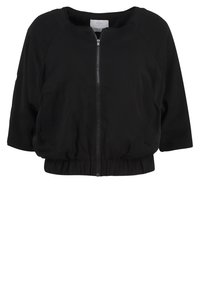 Svart kort jacka med framdragkedja, tredjedelssleevar, elastisk midja och rund halsringning.