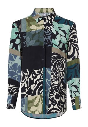 Overhemd met lange mouwen en knopen, met patchworkdesign met abstracte blad- en spiraalpatronen in zwart, groen, blauw en beige tinten.