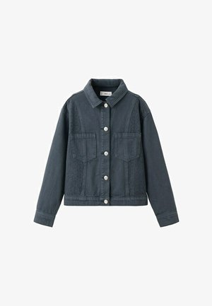 Jachetă din denim gri închis cu nasturi argintii, două buzunare la piept, guler clasic și detalii cu ochiuri metalice pe panourile frontale și mâneci.