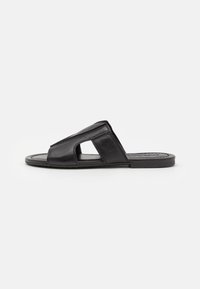 Svarta lädersandaler med slingback som har en strukturerad design med öppna sidor, texturerad yta och en platt gummisula för bra grepp.