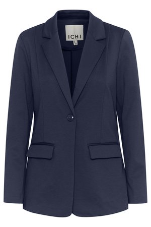 Námořnický modrý přizpůsobený blazer s klopami, zapínání na jeden knoflík, dlouhé rukávy a dvě přední klopové kapsy.
