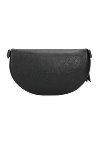 Borsa nera in pelle con finitura texturizzata, forma a mezzaluna, chiusura con zip e piccolo dettaglio in tessuto sul lato.