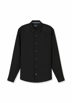 Schwarzes langärmeliges Hemd mit Knopfleiste, spitzem Kragen und sichtbaren Nähten, flach auf weißem Hintergrund ausgelegt.