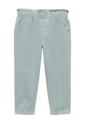Pantalon bleu clair pour tout-petit avec taille élastique, bouton sur le devant et poches latérales, fabriqué en tissu doux.