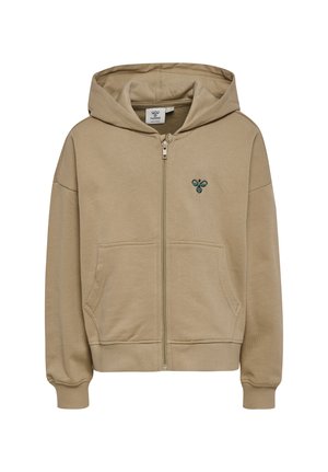 Beige hættetrøje med lynlås, forlommer, ribstrikkede manchetter og kant, hætte samt lille broderet mørkegrønt bi-logo på venstre bryst.