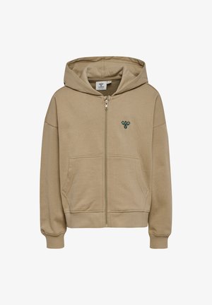 Beiger Kapuzenpullover mit Reißverschluss, Fronttaschen, gerippten Bündchen und Saum, Kapuze und kleinem, dunkelgrünem, gesticktem Bienenlogo auf der linken Brust.