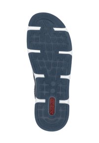Semelle en caoutchouc bleu avec un motif de texture antidérapant, accents blancs et un logo rouge au centre. Taille indiquée comme 37.