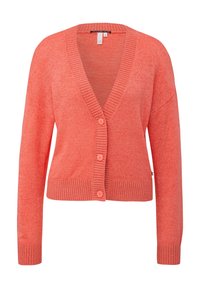 Koralowy kardigan z dekoltem w szpic, ściągaczami na mankietach i dole, sześcioma guzikami z przodu, teksturowanym dzianinowym materiałem, lekkim i luźnym krojem.