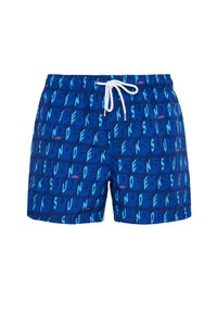 Costume da bagno blu con un motivo ripetuto di testo stilizzato in azzurro chiaro, con un cordoncino bianco e rifiniture di colore solido.