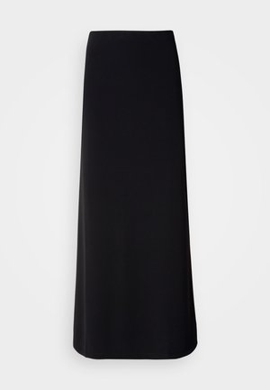 Zwarte, vloerlange rok van gladde stof met een rechte silhouette. Heeft een eenvoudig, onversierd ontwerp zonder zichtbare patronen of versieringen.