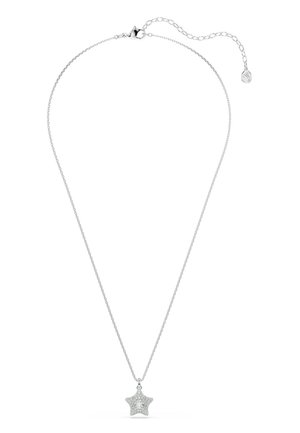 Silberne Halskette mit einem kleinen sternförmigen Anhänger mit einem klaren Stein in der Mitte und einem Karabinerverschluss mit Verlängerungskette.